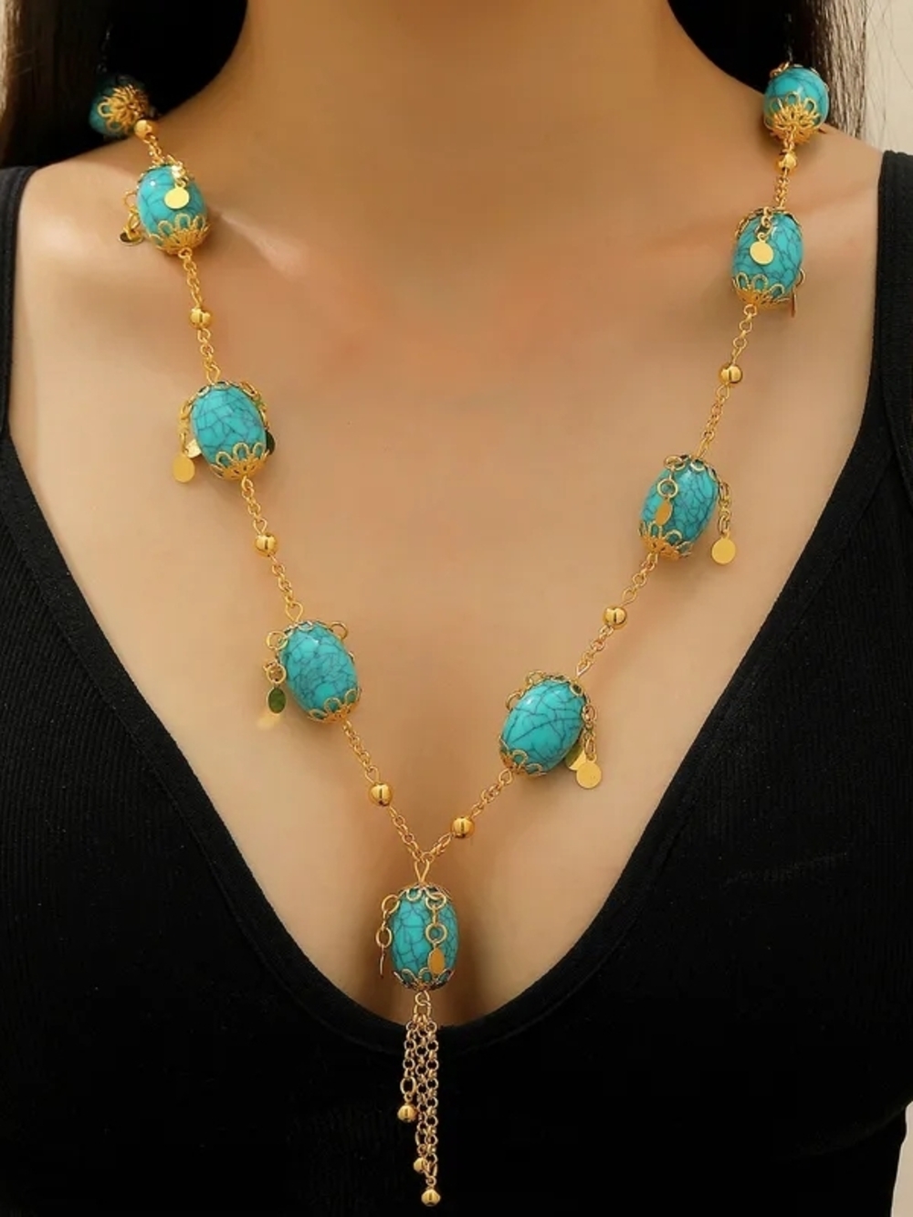 Turquoise Bead Gold-Chain Long Necklace - Women Jewelry